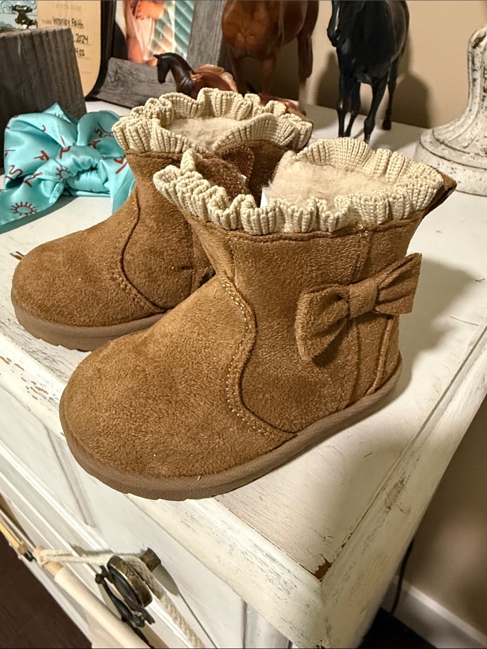 Toddler Tan Suede Bow Winter Boots